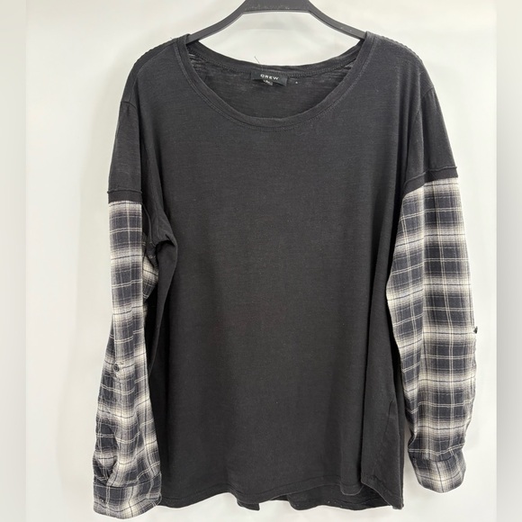 DREW black lagenlook grey black long sleeve T-shirt flannel sleeves size large - Picture 1 of 15